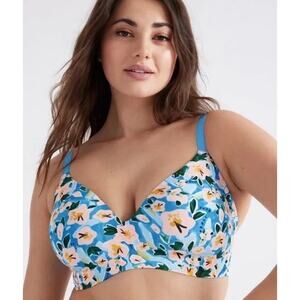 Knix Revolution Wireless Wire Free Seamless V Neck Bra Blue Floral 36 D DD 1+